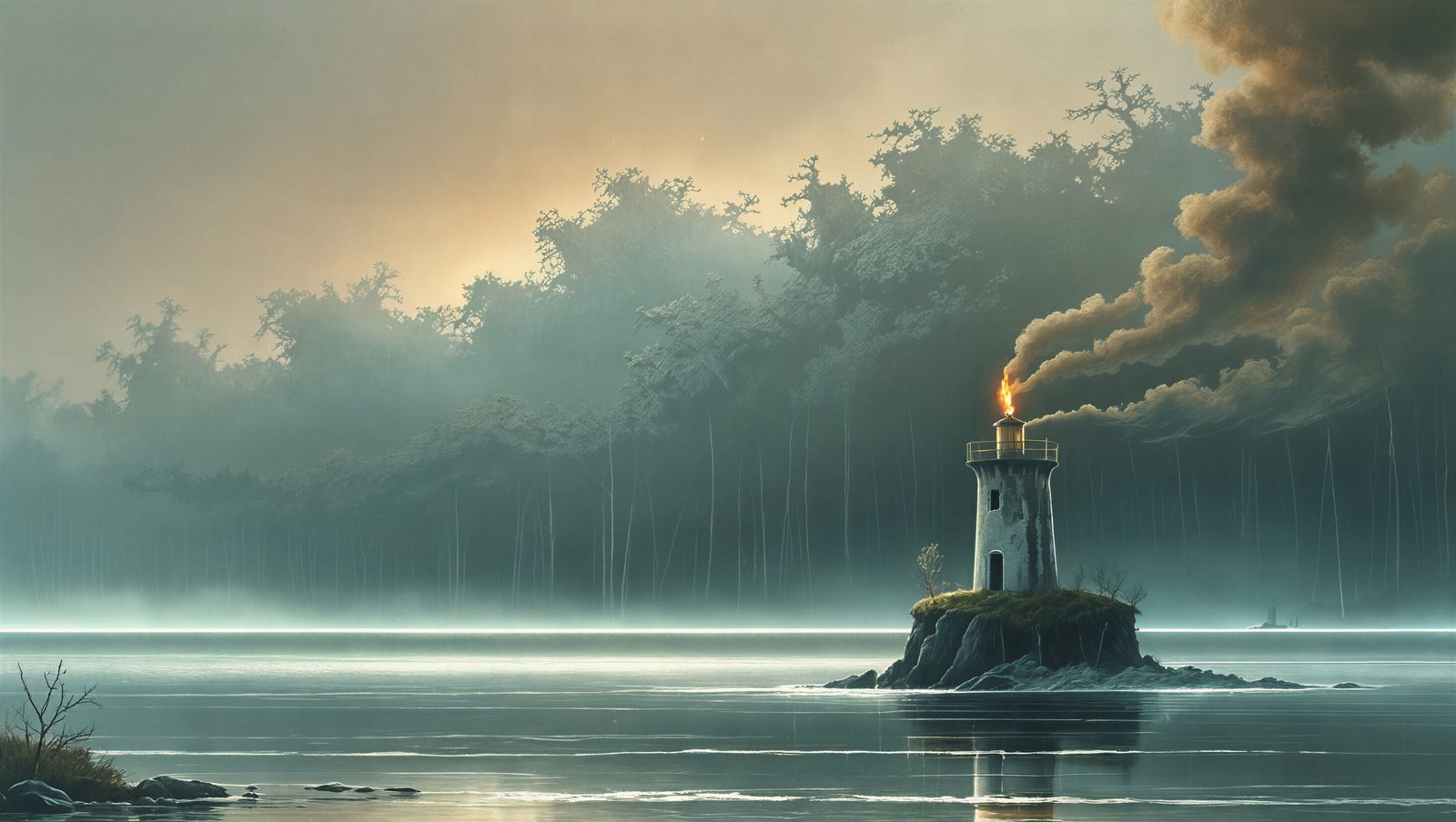 Ein Leuchtturm auf einer kleinen Felseninsel in stillem, nebligem Wasser, dahinter ein dämmriger Wald.
