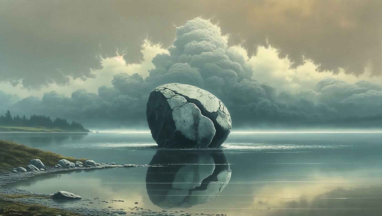 Der Warnstein — ein gespaltener Findling in stillem Wasser unter ziehenden Wolken.